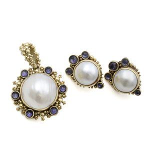 Stephen Dweck White Pearl and Amethyst Earrings & Pendant Set 18K Yellow Gold